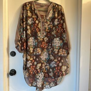 ivy jane Hi-Low Tunic brown floral semi sheer XL